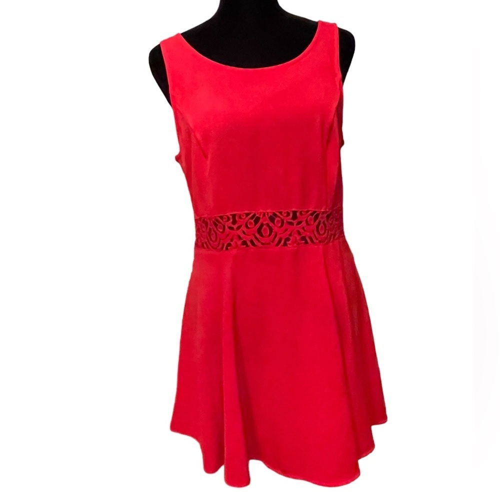 H & M Red sleeveless dress,‎ lace cutout waist, size 12​